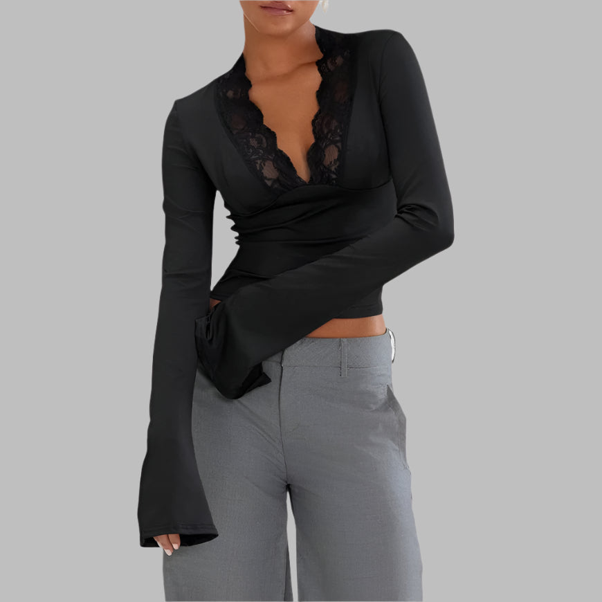 Slim V-neck Lace T-Shirt Ins Fashion Trumpet Sleeve Long-sleeved Top Women Clothing