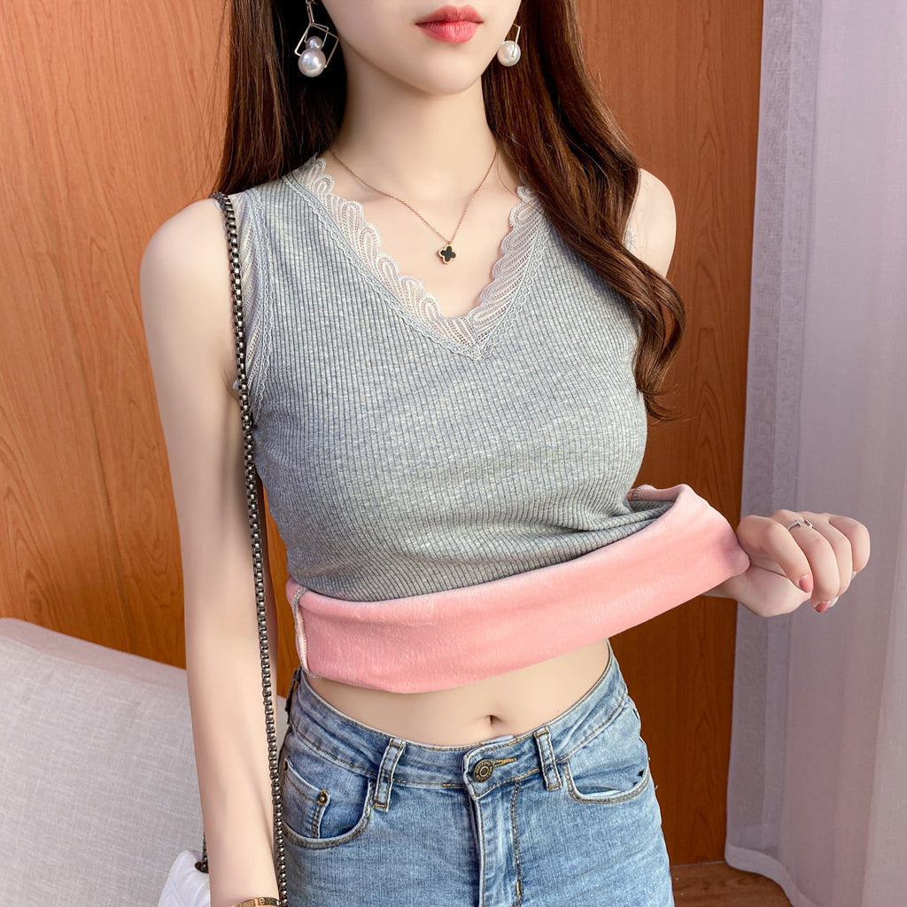 Women's Padded And Thickened Threaded V-neck Lace Top