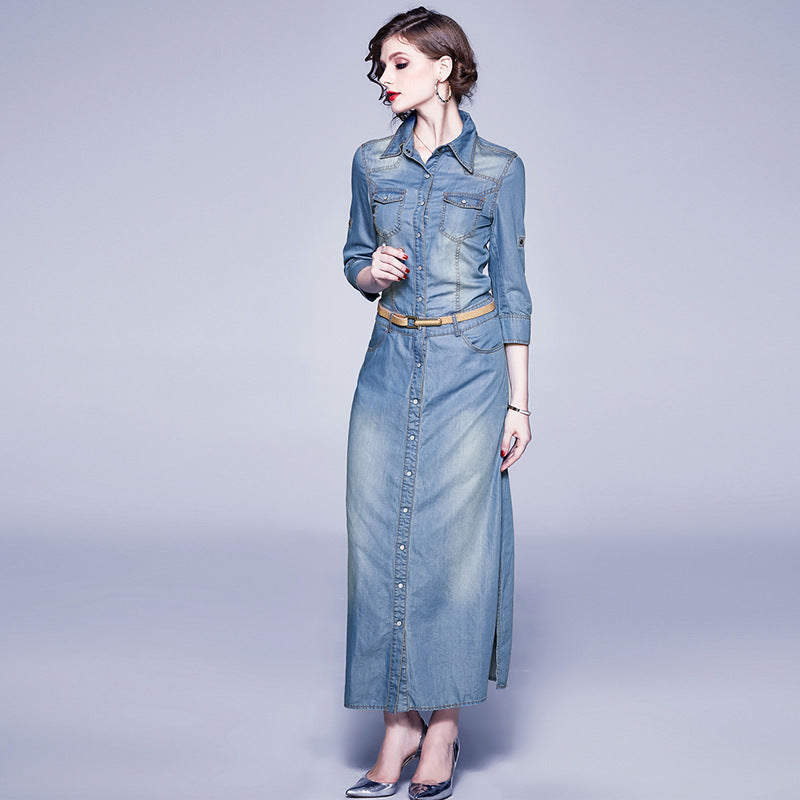 Fashionable Slim Slit Blue Tencel Denim Lapel Dress