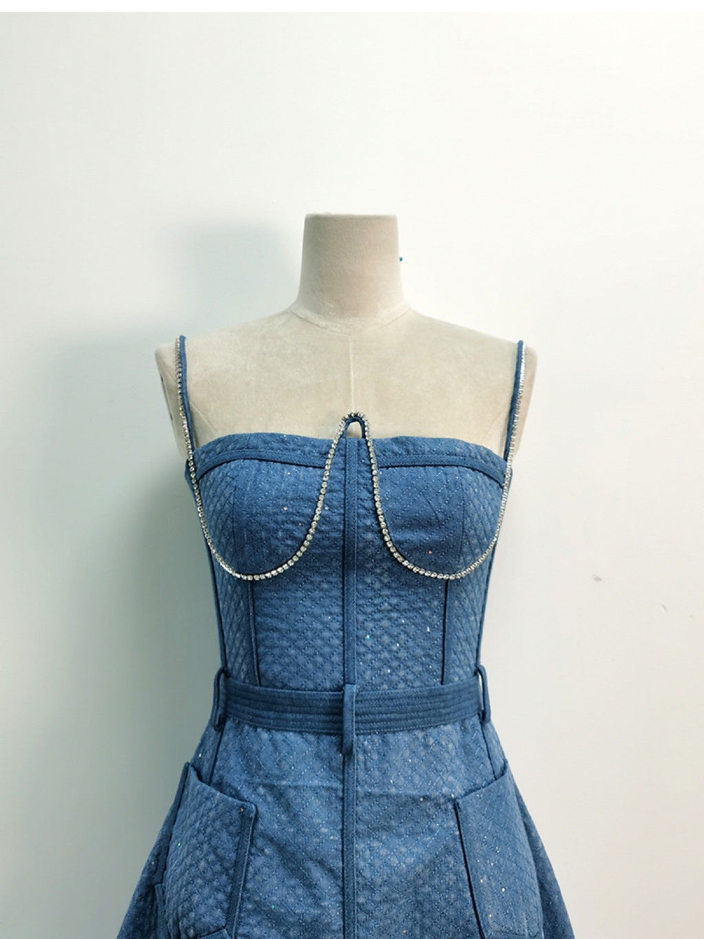 High-grade French Style Denim Rhinestone Sling Dress