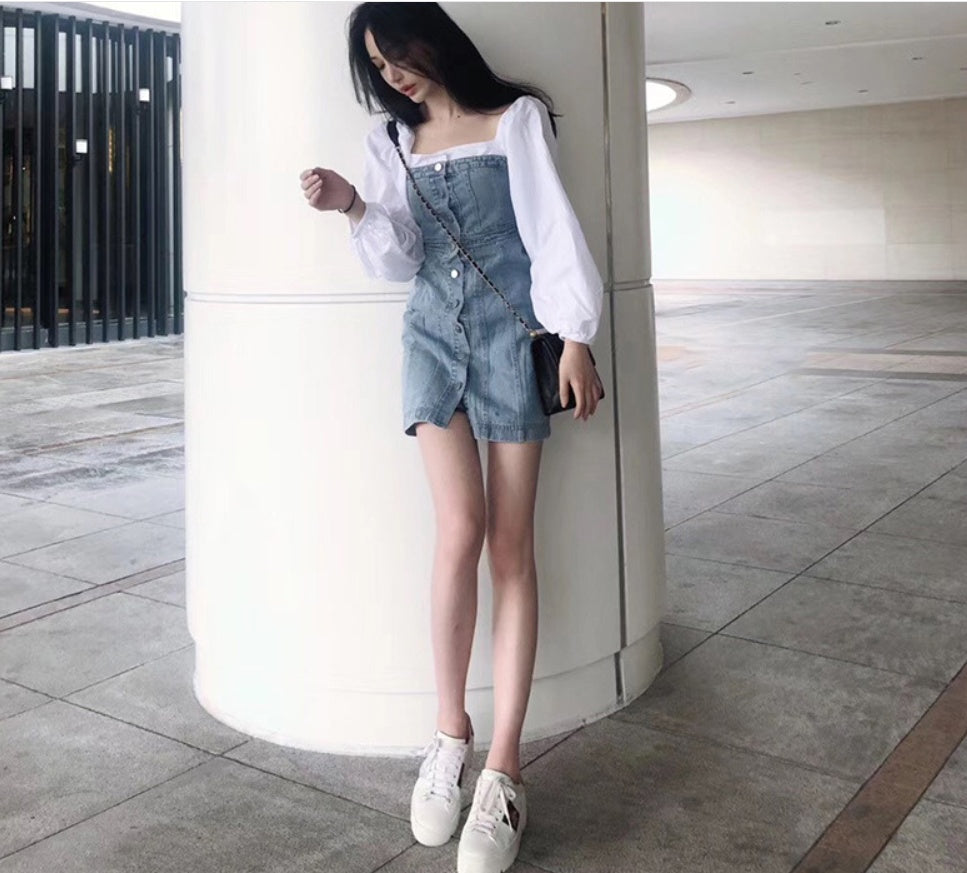 Fake two-piece stitching denim dress