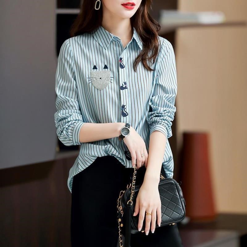 Striped Blue Shirt Women's Chiffon Long Sleeve Early Spring Top