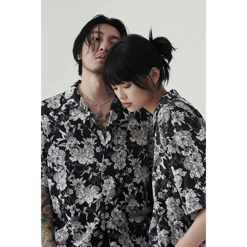 Hawaiian Black And White Camellia Summer New Short Sleeve Shirt