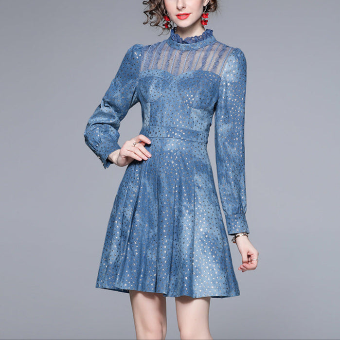 Stand Collar Long Sleeve Sheer Mesh Panel Sliding Denim Dress