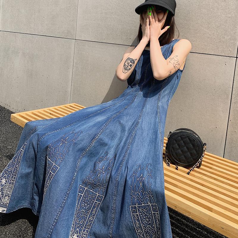Summer Denim Dress Sleeveless Thin Embroidery