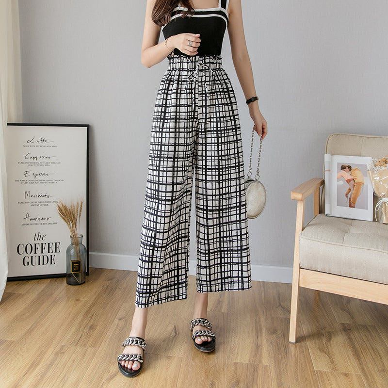 Wide-leg Pants Women's Plaid Polka-dot Nine-point High-waisted Straight Slim Loose Thin Casual Pants