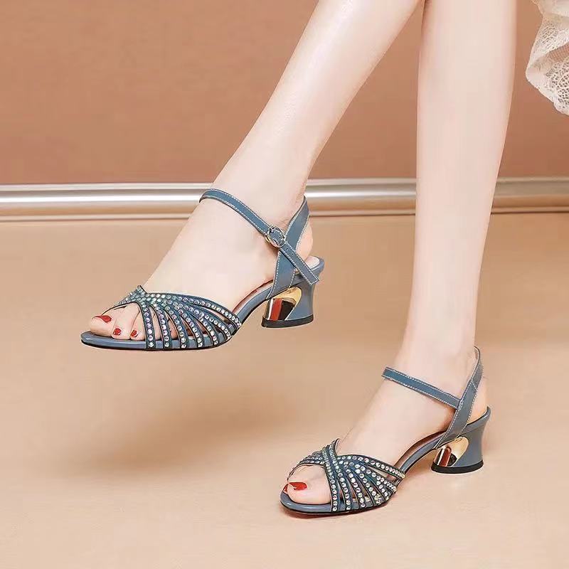 Summer New Fashion All-match One-word Buckle Mid-heel Women's Shoes