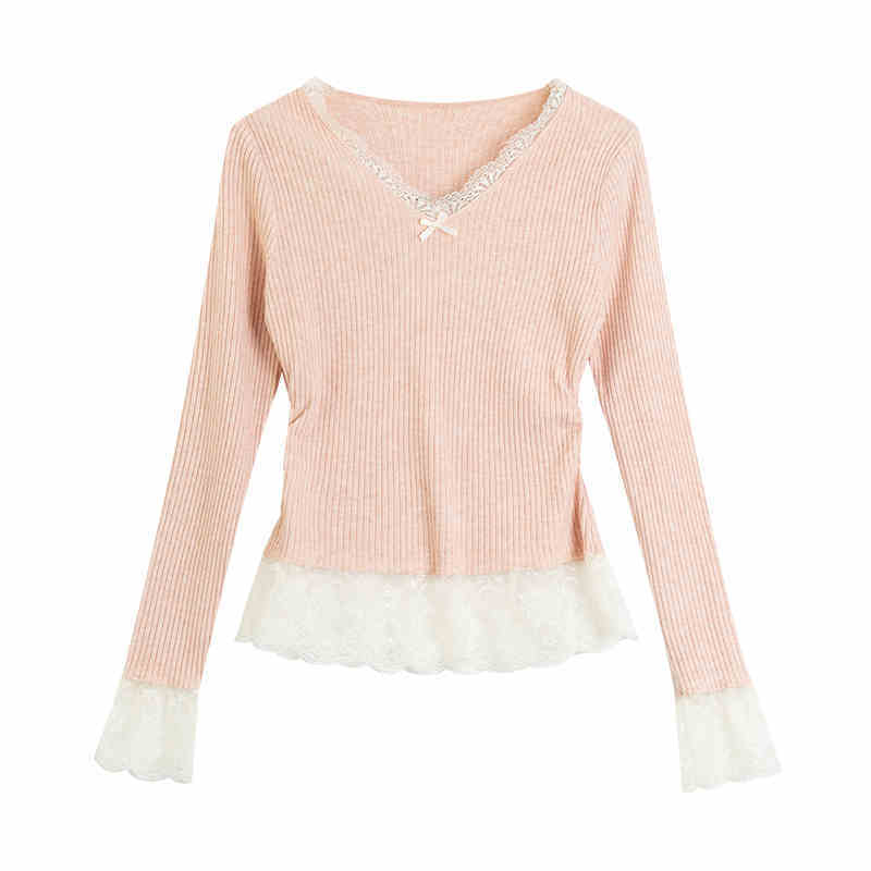 Fake Two Pieces V-neck Stitching Lace Lace Knitwear