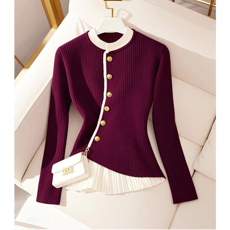 Design Sense Wine Red Fake Two-piece Knitted Sweaters