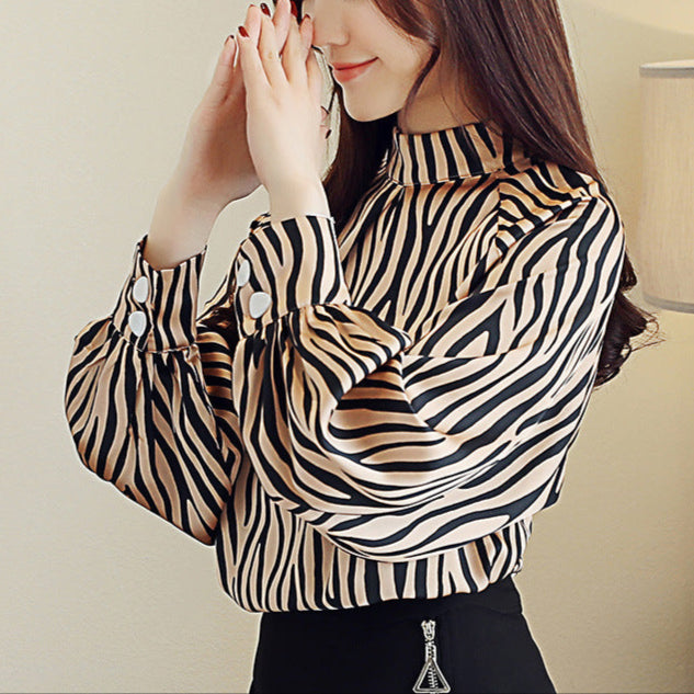 Striped Long Sleeve Stand Collar Pullover Oversized Shirt