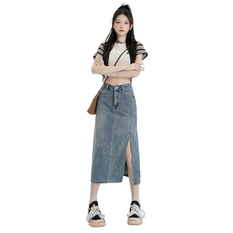 Women's Orange Silk Split Denim Skirt For Hot Girls Summer High Waist