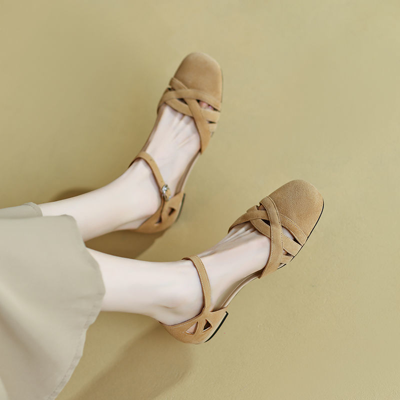 Classic Retro Sandals Women's Summer Round Toe Frosted Toe Box Soft Bottom Flat Shoes