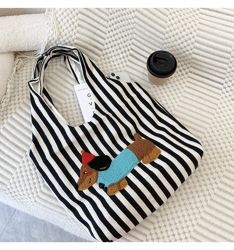Cute Cartoon Embroidery Puppy Shoulder Bag Fashion Striped Hand-carrying Canvas Bag