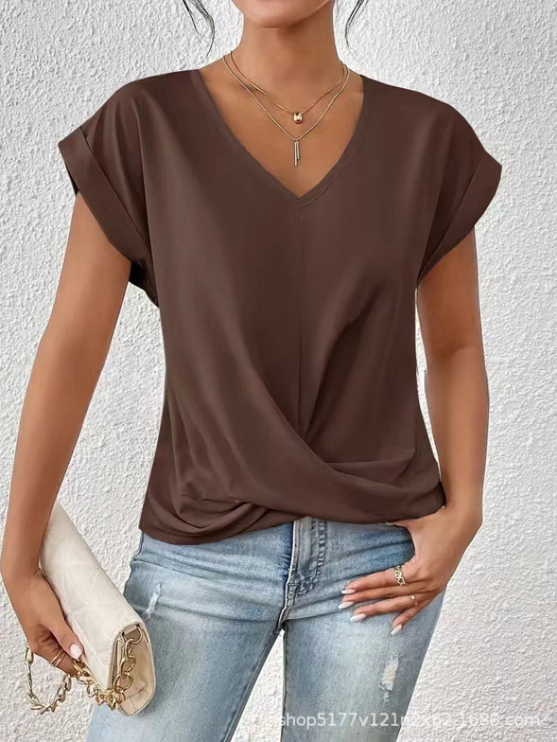 Solid Color V-neck T-shirt Elegant Short Sleeved Top For Spring And Summer Women's Clothing