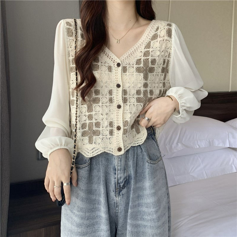 Hollow Lace Shirt Spring Fashion Long Sleeve Stitching