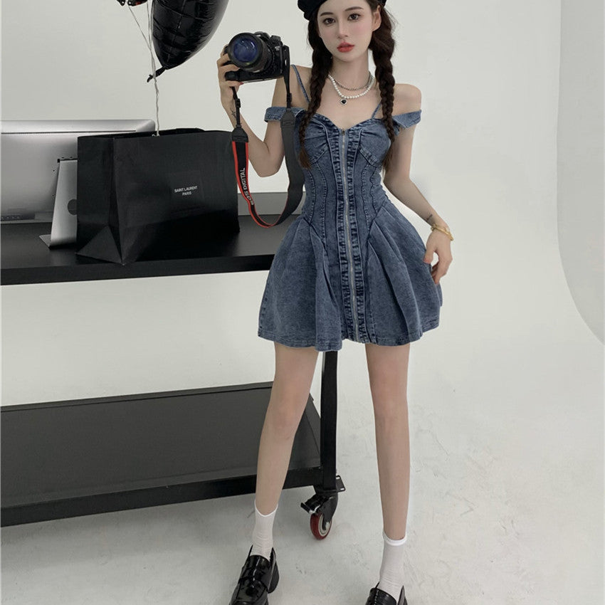Women's Fashion Slim And Thin Waist-hugging Suspenders Denim Dress