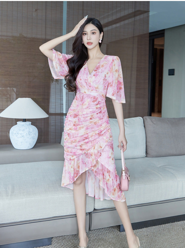 Women's Fall Slim Fit V-neck Irregular Dress