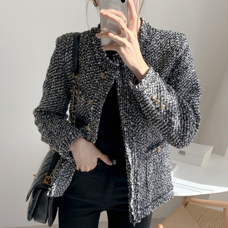 French Temperament Round Neck Multi-pocket Fringed Tweed Short Coat