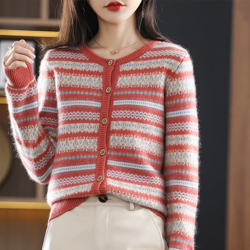 Women's Knitted Cardigan Mixed Color Stripe Contrast Color Jacquard Soft Glutinous Sweater Coat
