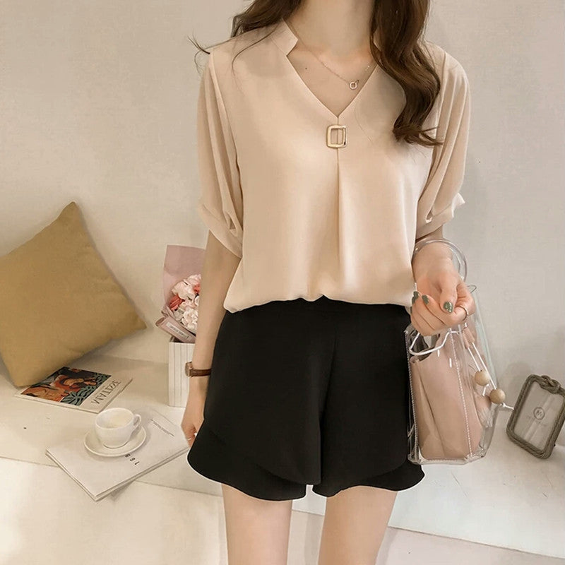 Chiffon Shirt Women's Summer Clothing Fat Sister Plus-sized Plus Size Women's Collar Bottoming Shirt Sneaky Design Short Sleeve Top