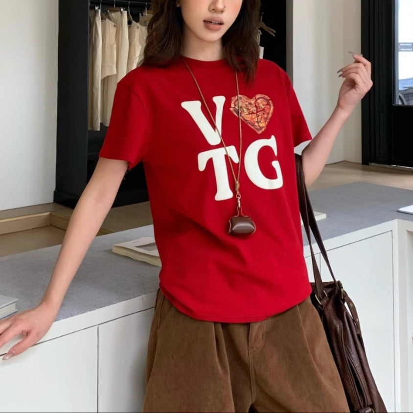 Women's Loose Retro Love Letter Print Short-sleeve T-shirt