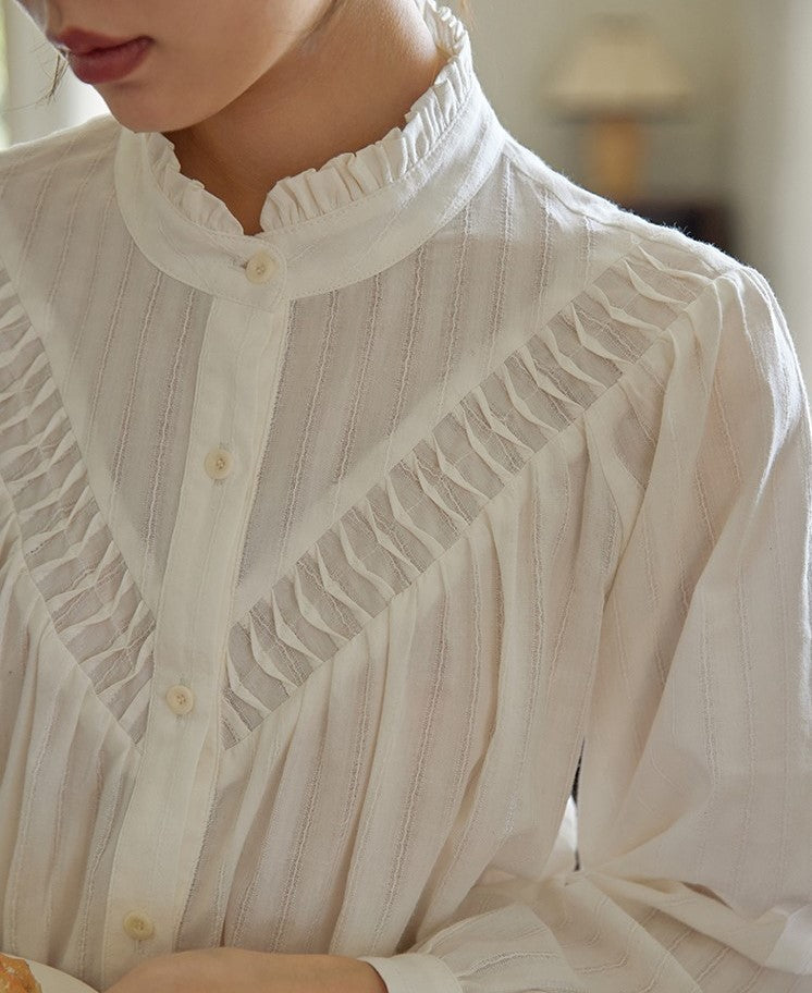 Retro Stand Collar Long Sleeve Design Blouse