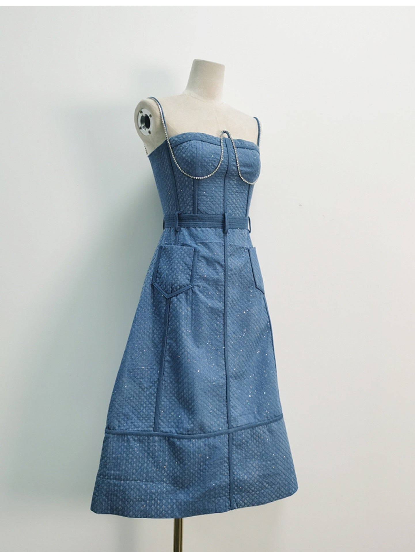 High-grade French Style Denim Rhinestone Sling Dress