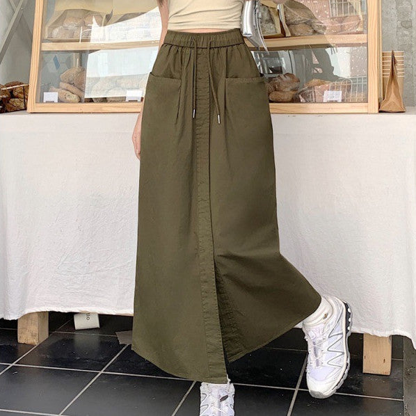Women's Korean Style Sense Of Design Washed Cotton Midi Skirt