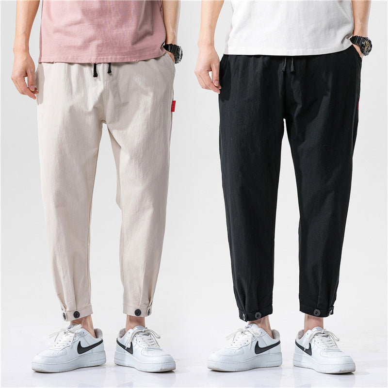 Men's Straight Casual Loose Cotton And Linen Cropped Pants
