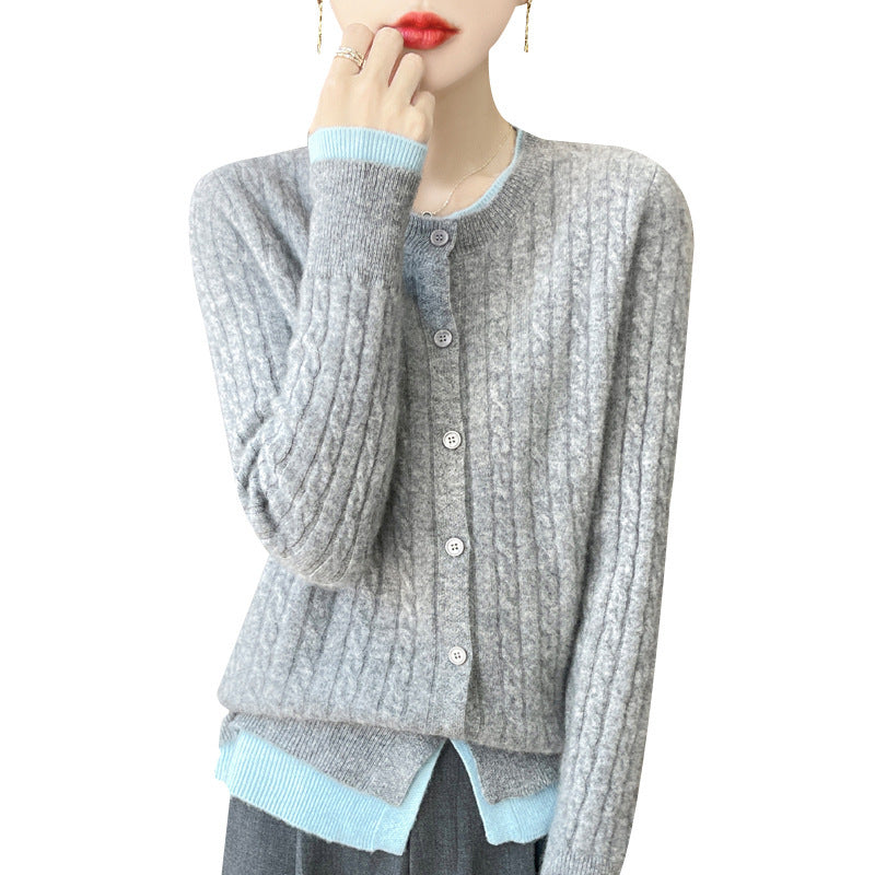 O-neck Short Small Twist Knitted False Two Pieces Color Matching Cardigan Jacket