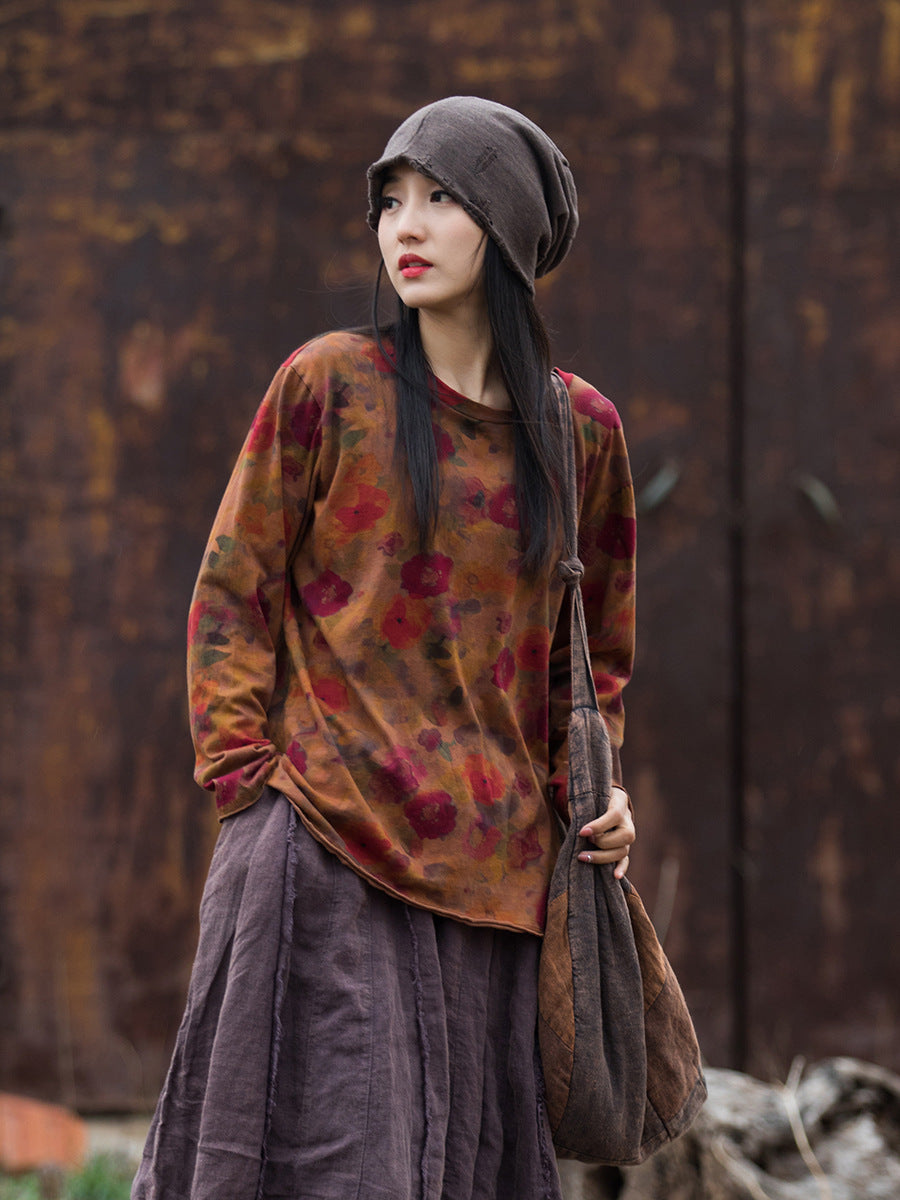 Digital Printing Stone Washed Distressed Cotton And Linen New T-shirt Artistic All-matching