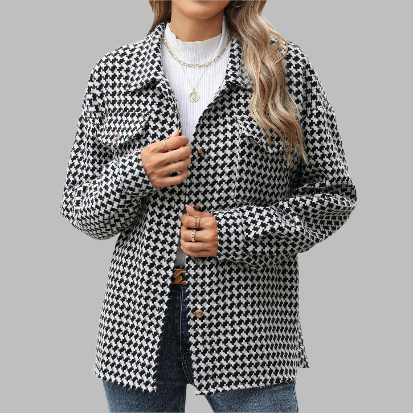 Fashion Houndstooth Lapel Tweed Coat Casual Loose Long Sleeve Jacket With Pocket Outwear Tops For Womens Clothing