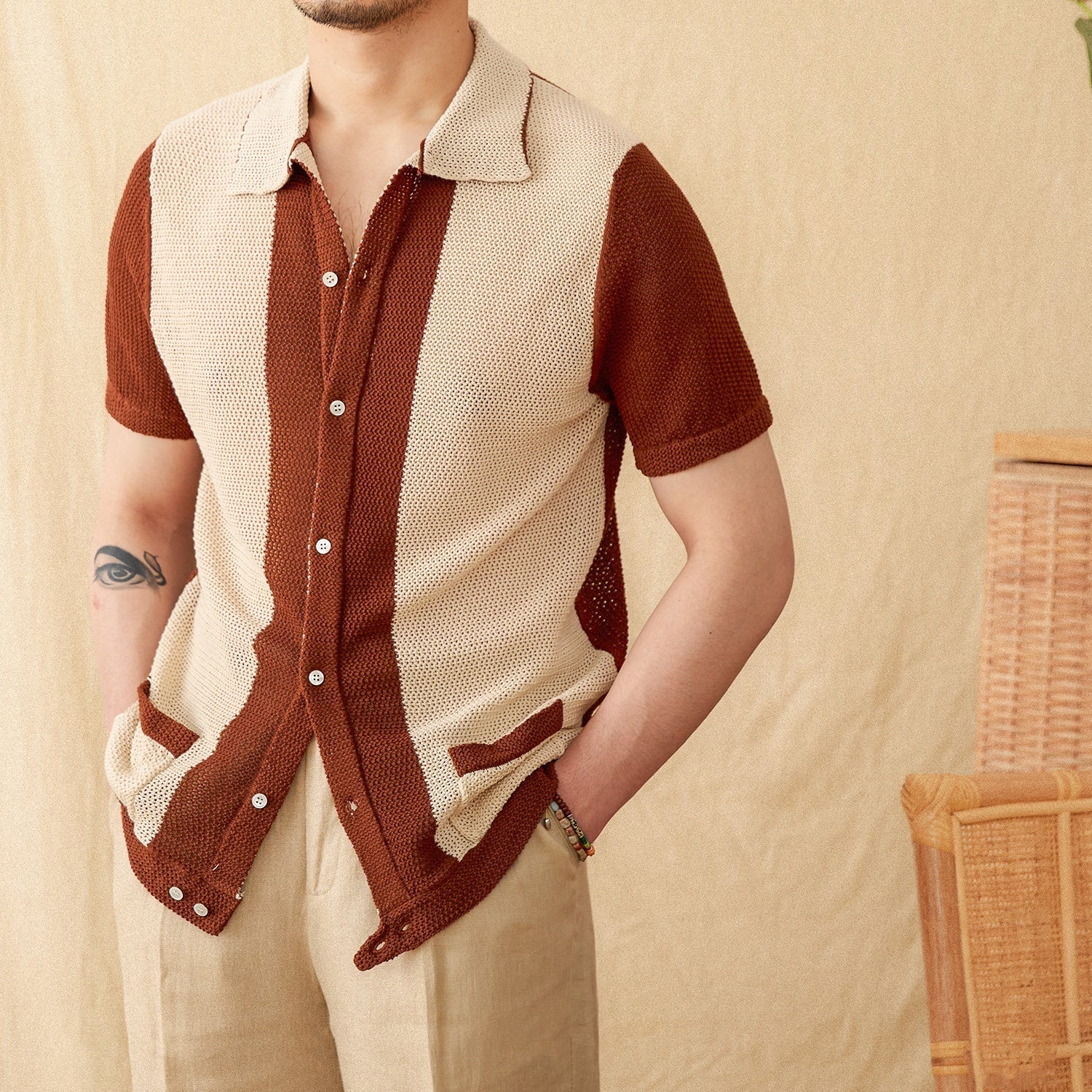 Hollow Cotton And Linen Lapel Short-sleeved Cardigan Knitted Top