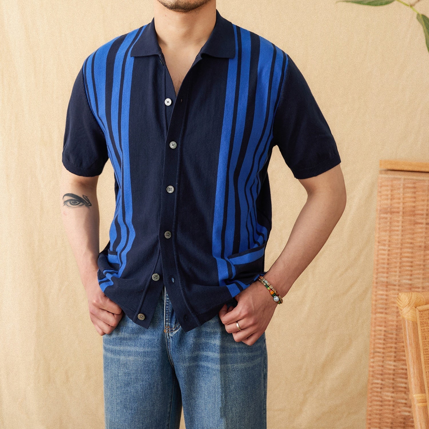 Cotton Striped Breathable Short-sleeved Knitted Cardigan Polo Shirt