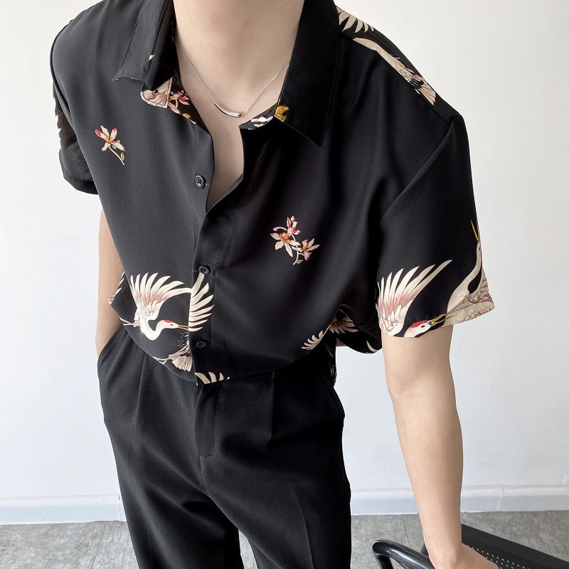 Summer Thin Men's Retro Chinese Style Crane Short-sleeved Shirt