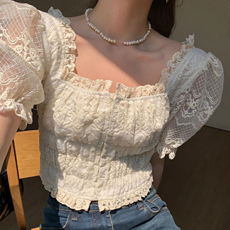 Puff Sleeve White Lace Women's Waist Trimming Short Top