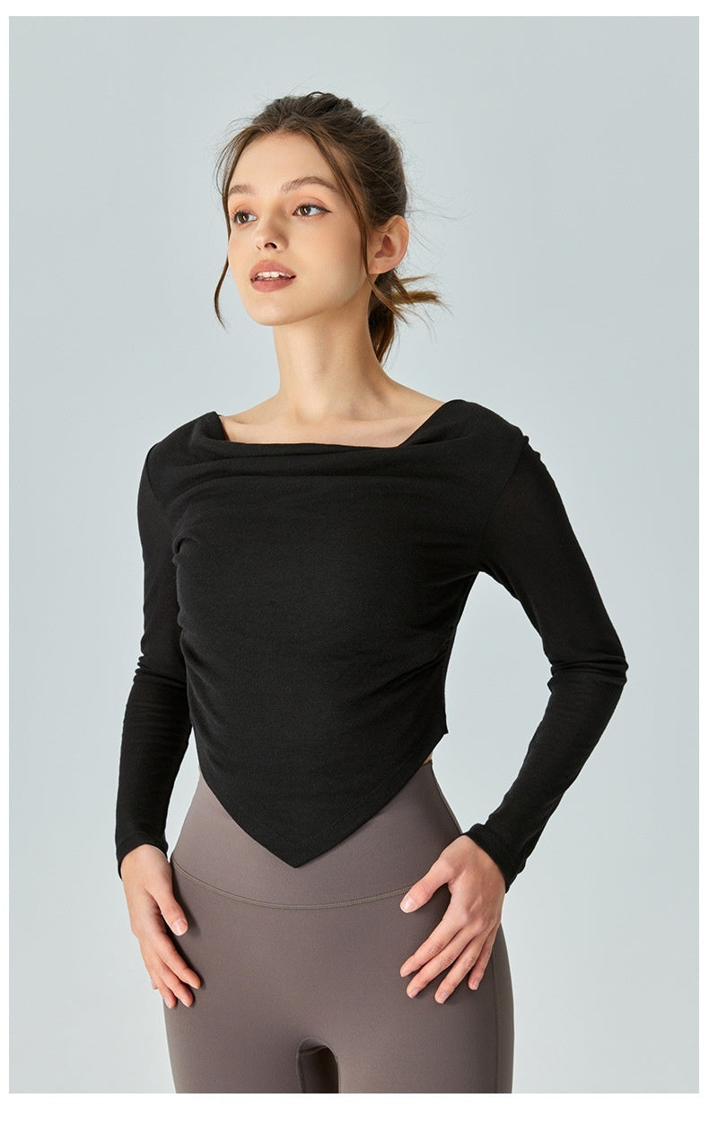New Lightweight Breathable Yoga Blouse Asymmetric V-shaped Waist Pleating Swing Collar Sports Jacket