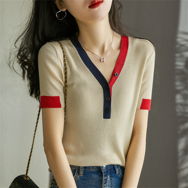 Solid Color And V-neck T-shirt Women's Ice Silk Sweater Sweater Loose Short Sleeve