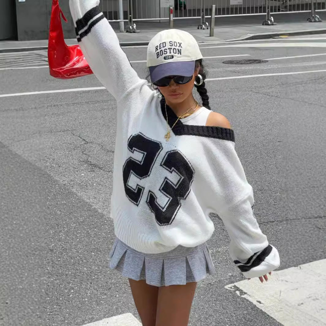 Contrast Color Digital Jacquard Loose-fitting V-neck Long Sleeves Sweater