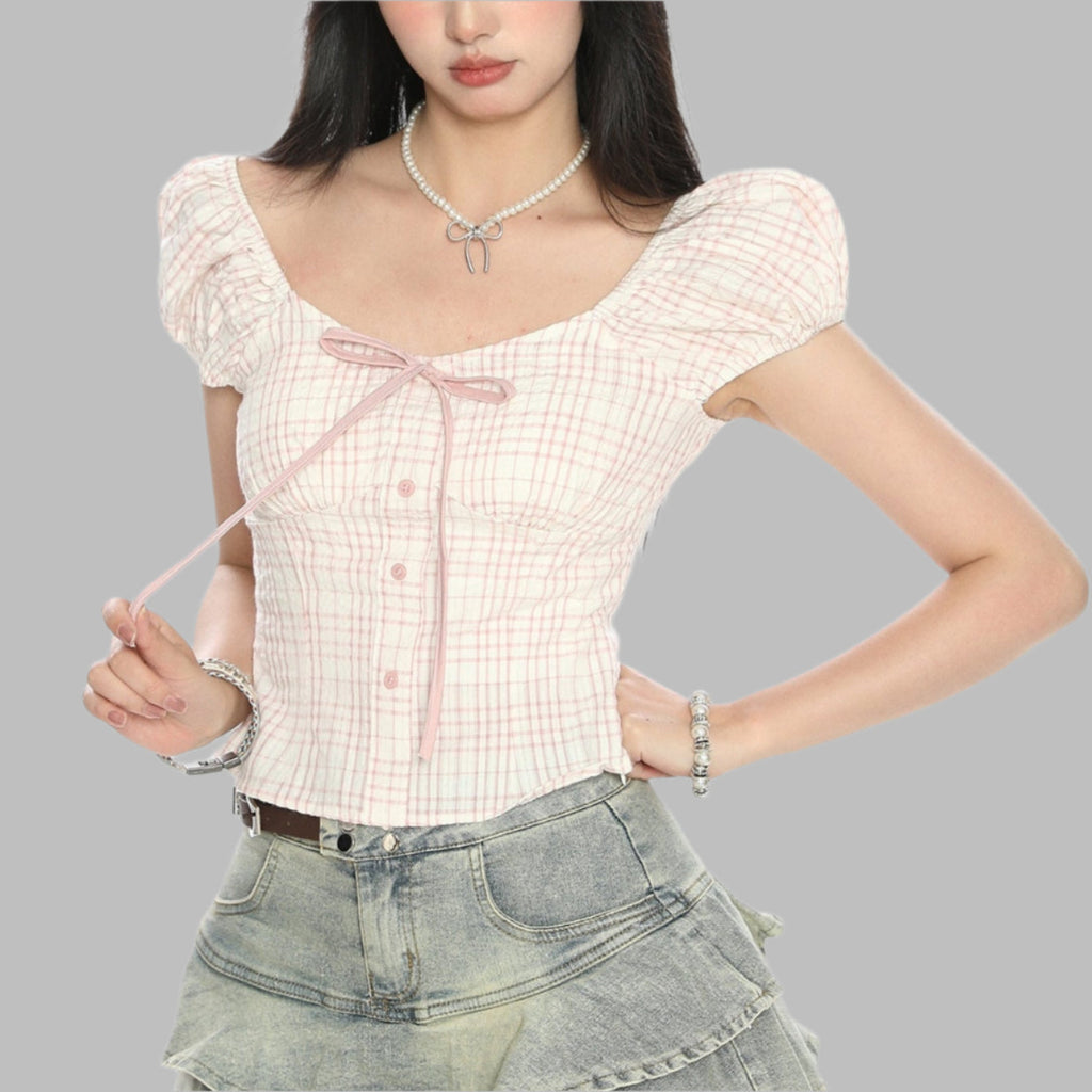 Women's Puff Sleeve Bow Bandage Short-sleeved T-shirt