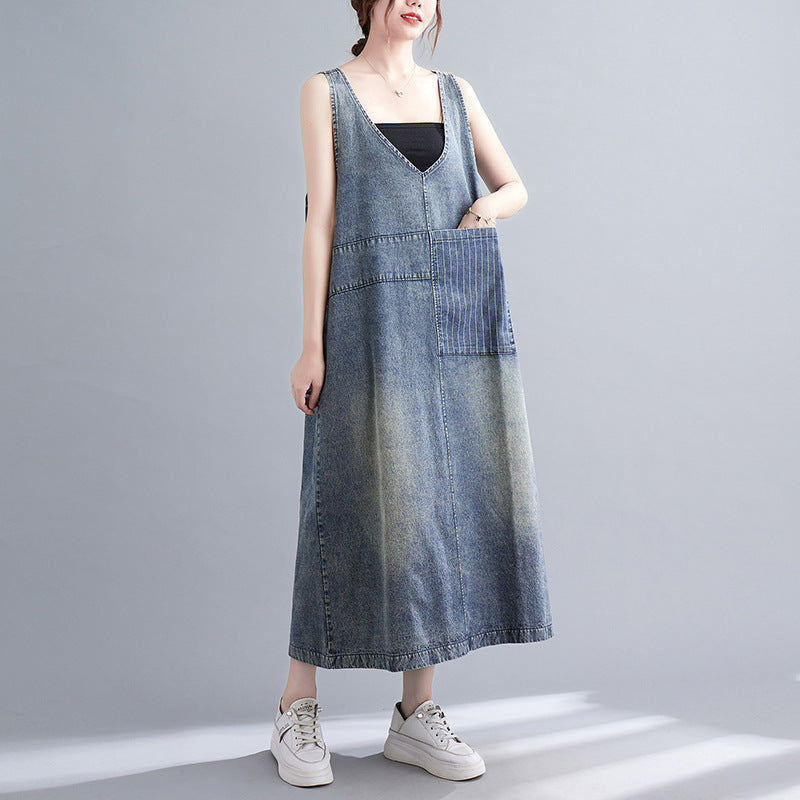 Women's Retro Literary Washed V-neck Denim Dress