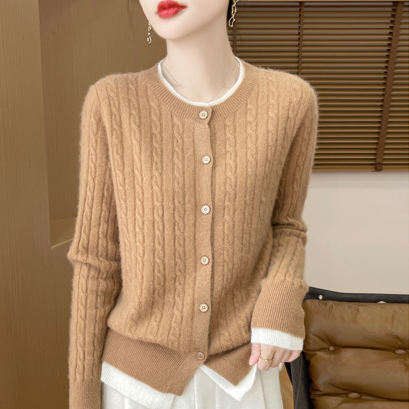 O-neck Short Small Twist Knitted False Two Pieces Color Matching Cardigan Jacket