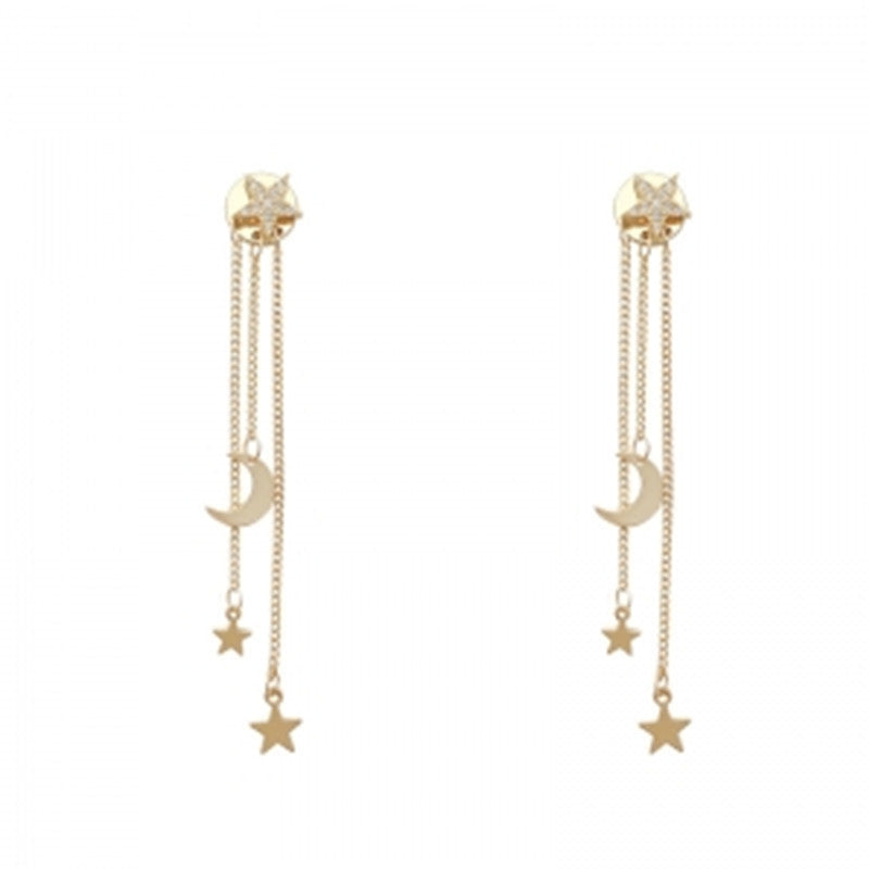 Silver Needle Long Star Moon Earrings Zircon Personality