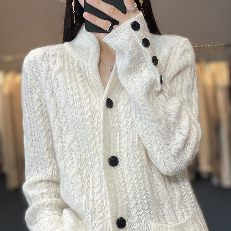 Pure Wool Cardigan Women's Stand Collar Outer Sweater Loose Knitted Coat
