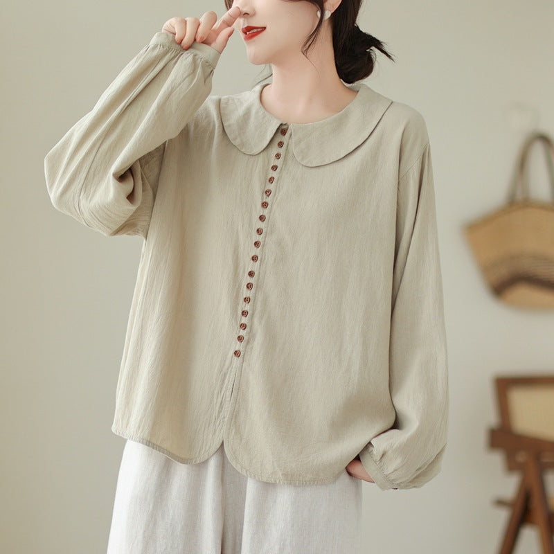Women's Simple Doll Collar Cotton Linen Long Sleeve Blouse