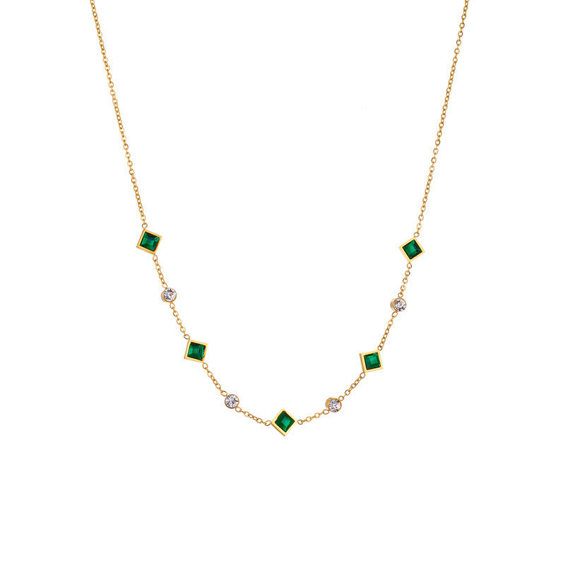 Stainless Steel Cube Emerald Zircon Personality Simple Necklace