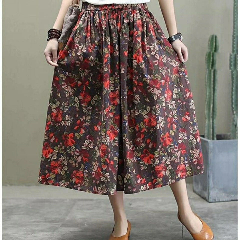 Floral SpringSummer New Mid-length High Waist Slimming A- Line Retro Elastic Midi Dress