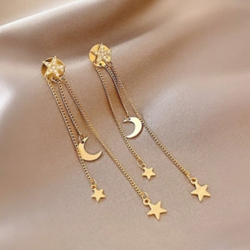 Silver Needle Long Star Moon Earrings Zircon Personality