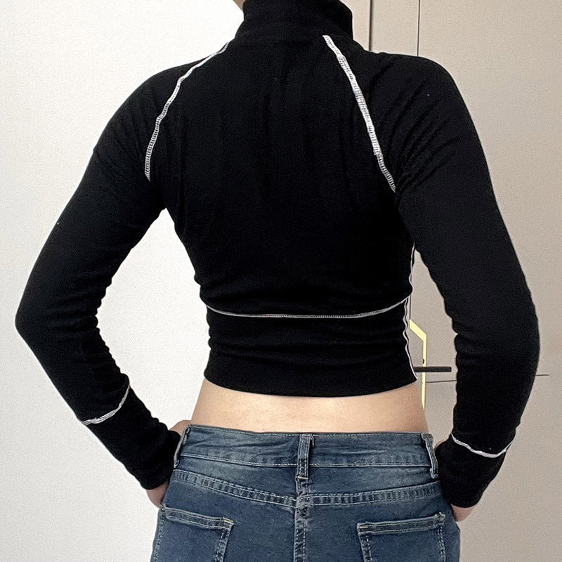 Women's Fashion Casual Contrast Color Zipper Tight Long Sleeve