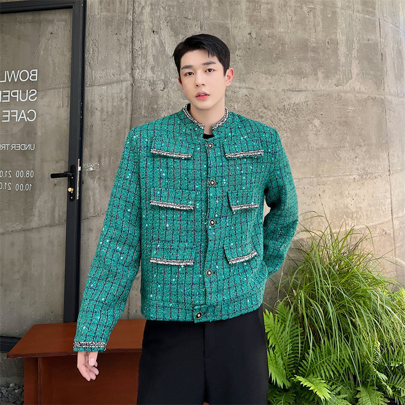 Vintage Raw Edge Multi-pocket Decorative Sequin Tweed Jacket For Men